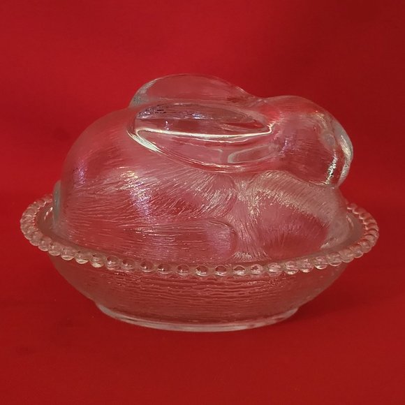 VTG Clear Glass Bunny Rabbit Covered Trinket Oval Candy Beaded Dish Translucent - Picture 1 of 15